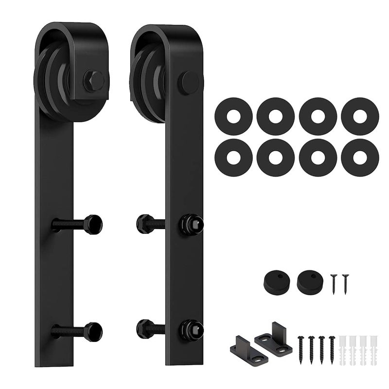 skysen Sliding Barn Door Hardware Roller Set Black (J Shape Hanger) - Image 1